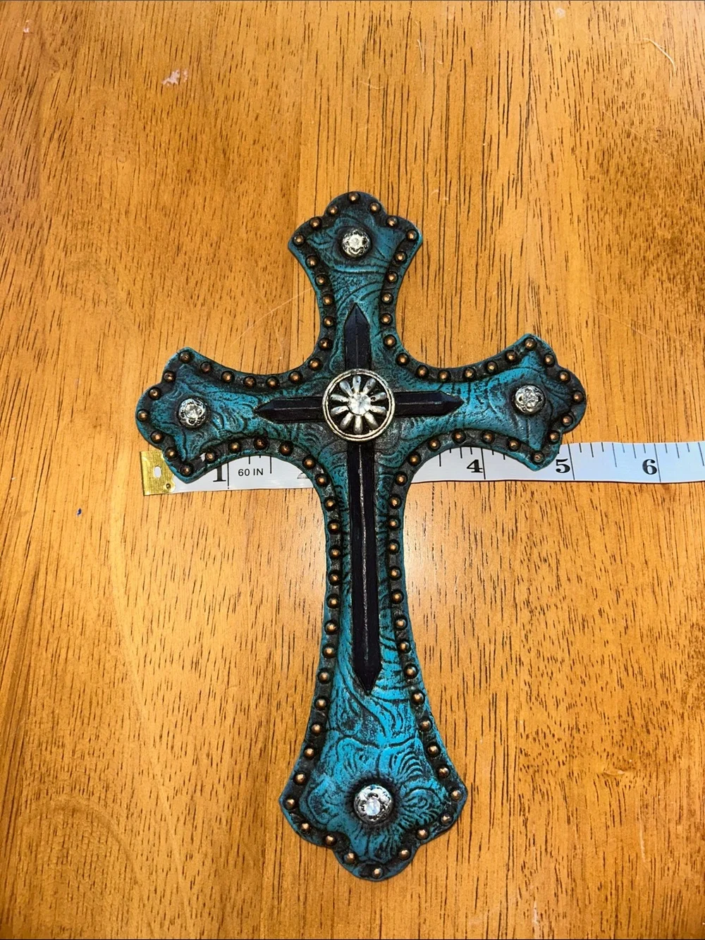 Decorative Turquoise Wall Cross with Rhinestone Accents